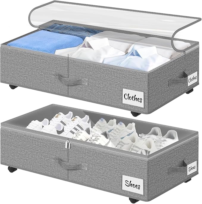 Under Bed Storage with Wheels, 2-Pack 6.7" Height XL 50L Rolling Storage Bins, Quick Assembly Underbed Shoe Storage Containers with Clear Lid & Label, Dorm Under bed Drawers for Clothes, Shoes, Grey