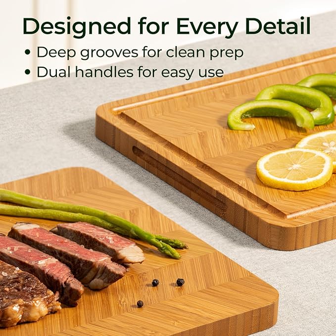 Keechee Atelier Collection Bamboo Cutting Board Set of 3, Reversible Wood Chopping Boards for Kitchen with Juice Grooves, Handcrafted Large Serving Tray, Luxury Housewarming Wedding Gifts for New Home