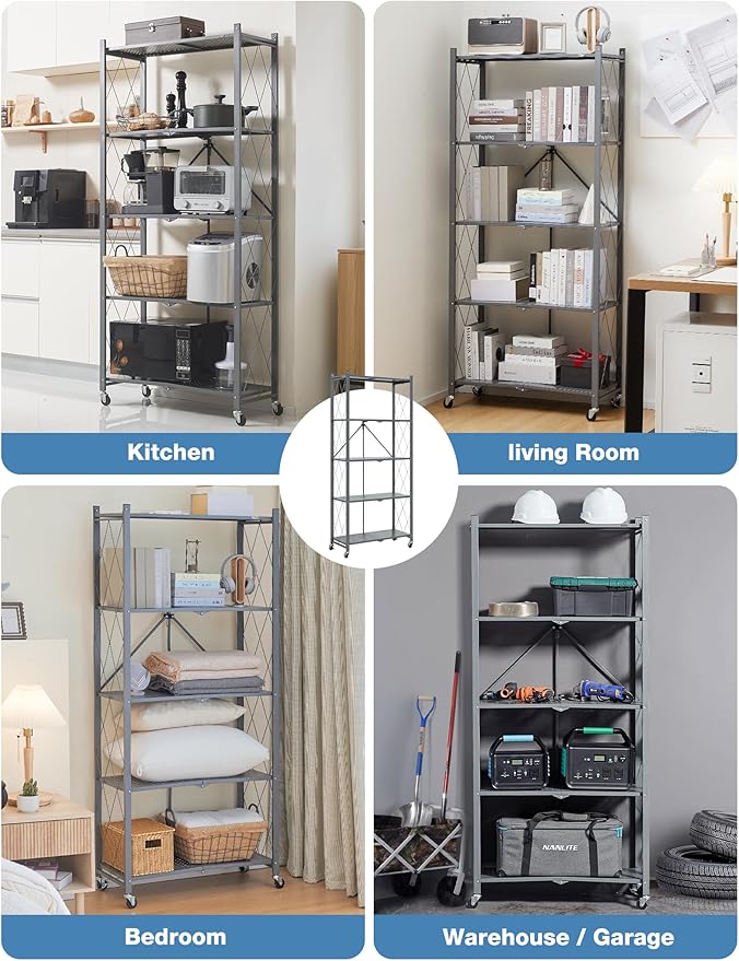 ALANNG 70.7" H Metal Storage Shelves, 5 Tier Folding Shelf on Wheels, Heavy Duty, No Assembly, Rolling, Collapsible Rack Unit for Kitchen, Basement, Pantry (Gray,4 Pack)