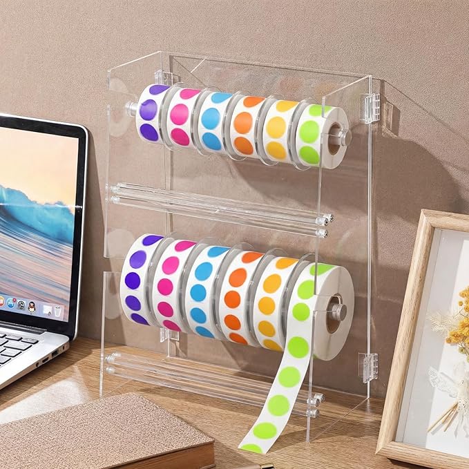 Day of The Week Sticker Dispenser 2.17" Square Acrylic Sticker Roll Holder Covered Label Dispenser Wall Mount 6 Slot Per Layer Holder for Office Desktop Stickers, Clear, 12 Slot Double Layer(No Label)