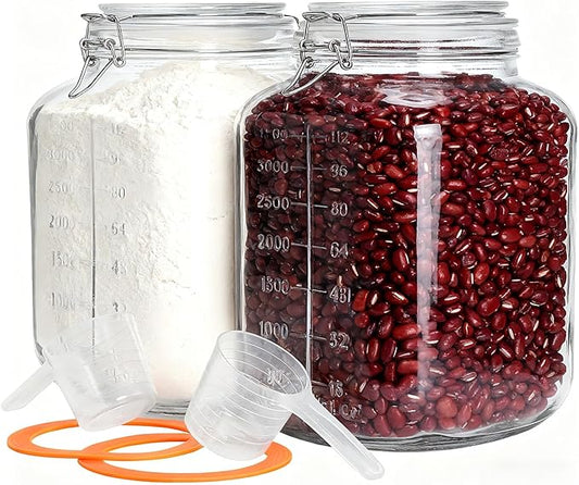 2 Pack 1.1 Gallon Square Super Wide Mouth, Airtight Glass Storage Jars, with Measurement Marks, Leak-Proof Lids for Kitchen Pantry, Canning, Dry Food (Flour, Sugar) & Drinks