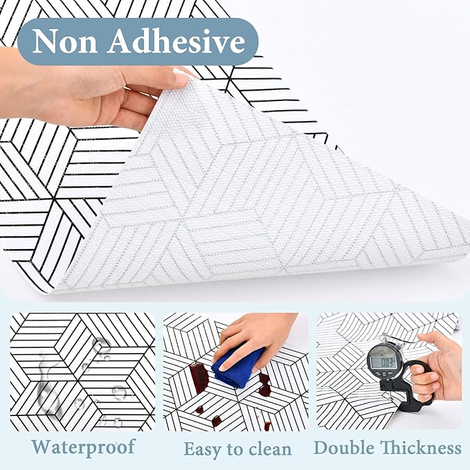 Shelf Liners for Kitchen Cabinets 12in x 20FT, Non Adhesive Cabinet Liner Strong Non-Slip Thickened Black White Geometric Drawer Liner, Easy to Clean for Shelf, Cabinet with Knife and Tape Measure
