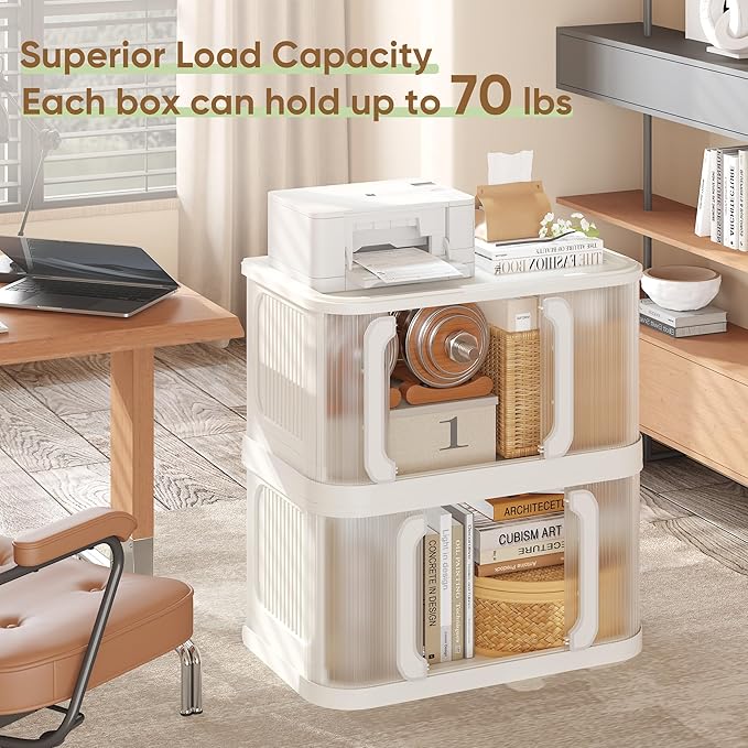 VUSIGN 360 QT Stackable Storage Bins with Lid, Folding Storage box with Wheels, Collapsible Plastic Storage Bins for Closets, Stackable Storage Organizer, Storage Containers, 4Pack, White