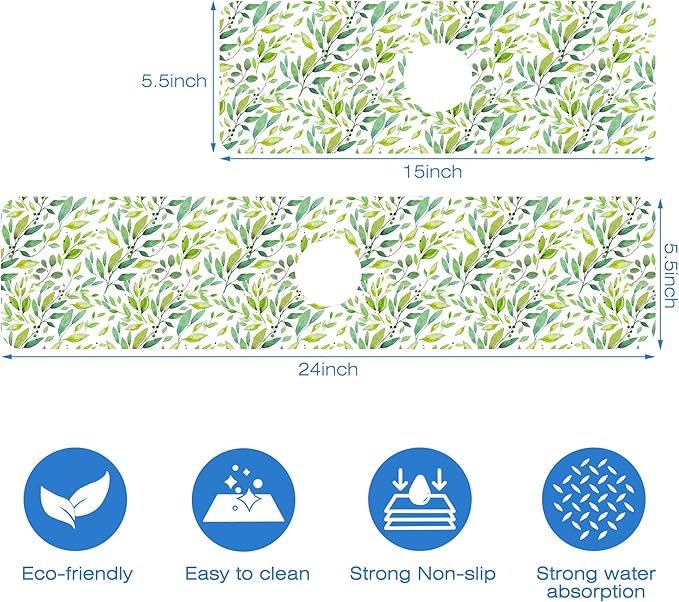 Tropical Eucalyptus Leaves Kitchen Sink Splash Guard Mat Absorbent Fast Drying Mat Faucet Draining Mat Sink Splash Guard Behind Faucet Drip Catcher for Kitchen Bathroom 5.5"×15"