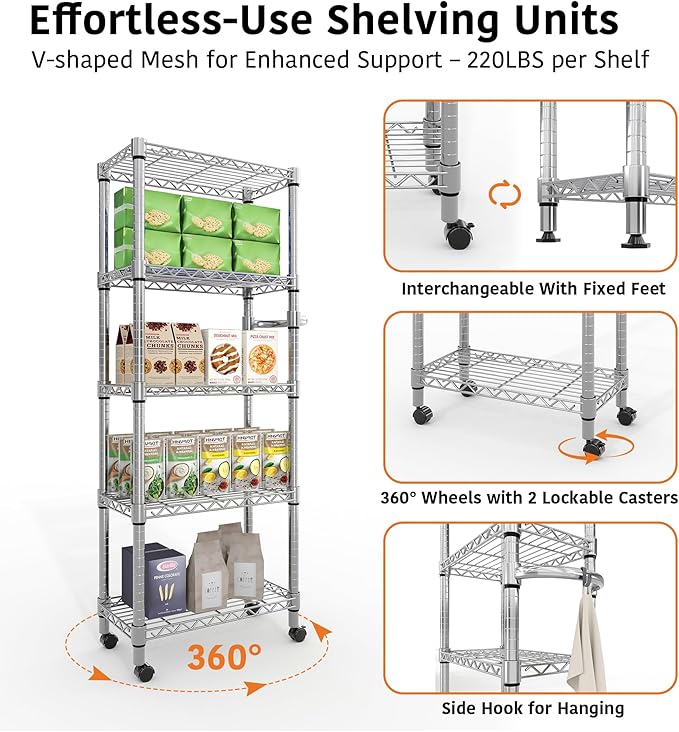 5-Tier Storage Shelves 1100 LBS Heavy Duty Metal Wire Rack Shelving with Lockable Wheels, 61" H Rolling Storage Rack for Pantry Kitchen Garage Bedroom Organization