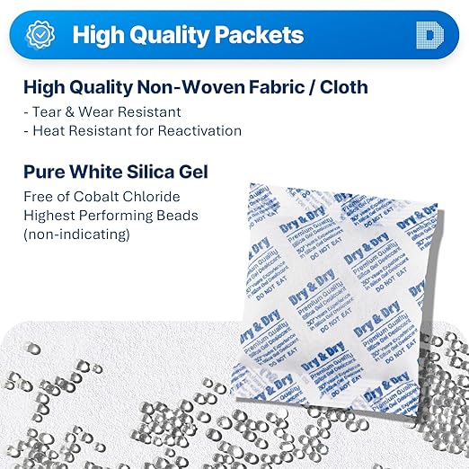 Dry & Dry 100 Gram [50 Packets] Silica Gel Packets Desiccants, Silica Packets - Rechargeable Silica Gel Packs, Desiccants Packets, Silica Gel