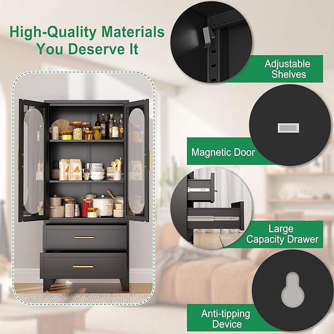 pozdeg Metal Garage Storage Cabinet, Kitchen Pantry Storage Cabinet with 2 Drawers and 2 Adjustable Shelves Versatile Storage for Homes Offices Gym Basement Warehouse (Black)