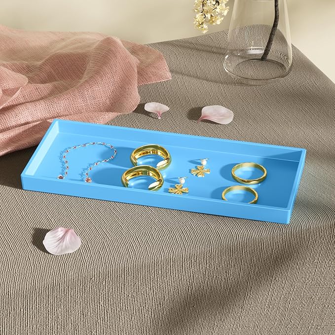 Mriluvy Vanity and Bathroom Tray, 11.8" ABS Countertop Organizer,Waterproof Vanity Tray for Toilet Tank,Perfume,Soap,Keys,Bathroom Accessories,Kitchen and Bath Trays,Non Slip Small Trays,Blue,2 Pack