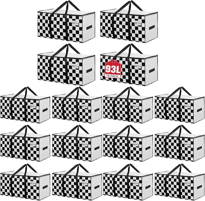 Extra Large Moving Bags Heavy Duty Storage Bags with Zipper Handles, BETU 16 Pack Clothes Storage Totes Bins Packing Moving Boxes, Moving Supplies for College Dorm Essentials, Space Saving,White Plaid
