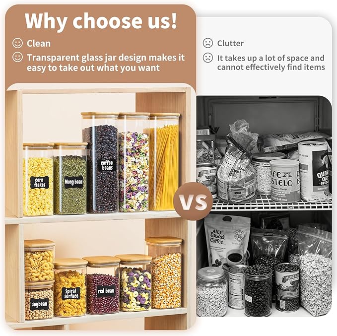 51 Oz Glass Storage Jars with Bamboo Lids - 3 Pack Clear Glass Canisters Square Airtight Stackable Ideal for Pantry Storage Containers Great for Storing Oats Coffee Beans Pasta Flour Rice etc