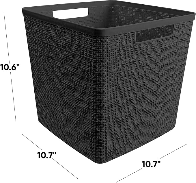 Curver Set of 4 Large Cube 17L Jute Decorative Plastic Organization and Storage Baskets - Perfect Bins for Home Office, Closet Shelves, Kitchen Pantry and All Bedroom Essentials, Black