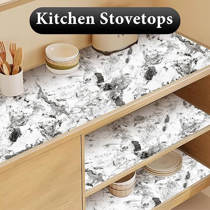 Drawer and Shelf Liner for Kitchen Cabinet: 12 in X 20 Ft Non Slip Waterproof Shelf Paper Non Adhesive Refrigerator Liners Grey and White Marble Easy Liners for Bathroom with Knife Tape Measure