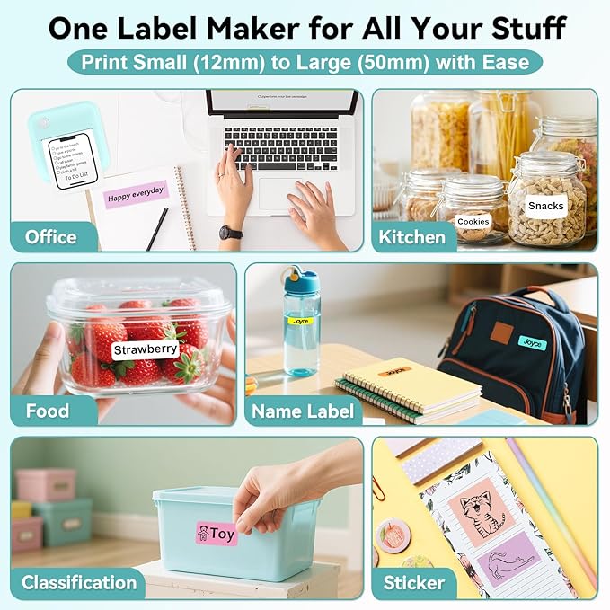 Label Maker Machine with Tape - Inkless Mini Bluetooth Label Printer with Multiple Templates, Wide Waterproof Labels, Portable Thermal Sticker Labeler for School Home Office Kitchen Organization