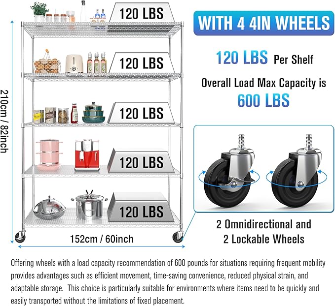 5 Tier NSF Wire Shelf Shelving Unit, 24 x 60 x 82 Inch 7500lbs Capacity Heavy Duty Adjustable Storage Metal Rack with Wheels/Leveling Feet & Shelf Liners, Ideal for Garage, Kitchen, and More - Chrome