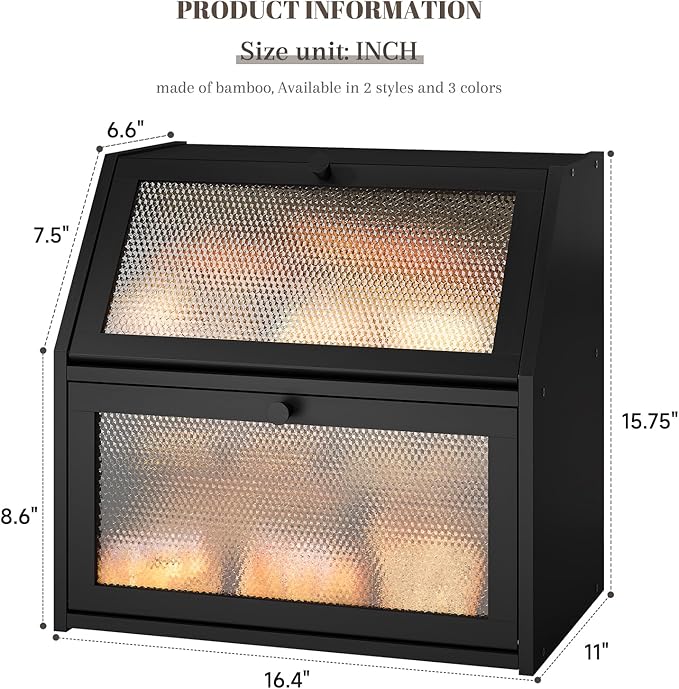 STDDRE Bread Box for Kitchen Countertop Bin Double Layer Bread Box Storage Container Extra Large Capacity with Diamond Pattern Windows (Black, Extra Large)