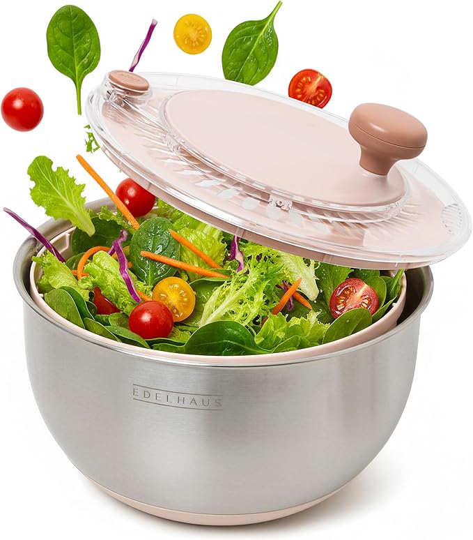 EDELHAUS Salad Spinner Stainless Steel 5.3Qt | Lettuce Spinner BPA-Free with Stop Button, Drain Spout & Crank Handle | Fruit Cleaner | Vegetable Washer Salad Cleaner, Non-Slip Base Dishwasher Safe
