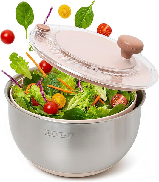EDELHAUS Salad Spinner Stainless Steel 5.3Qt | Lettuce Spinner BPA-Free with Stop Button, Drain Spout & Crank Handle | Fruit Cleaner | Vegetable Washer Salad Cleaner, Non-Slip Base Dishwasher Safe