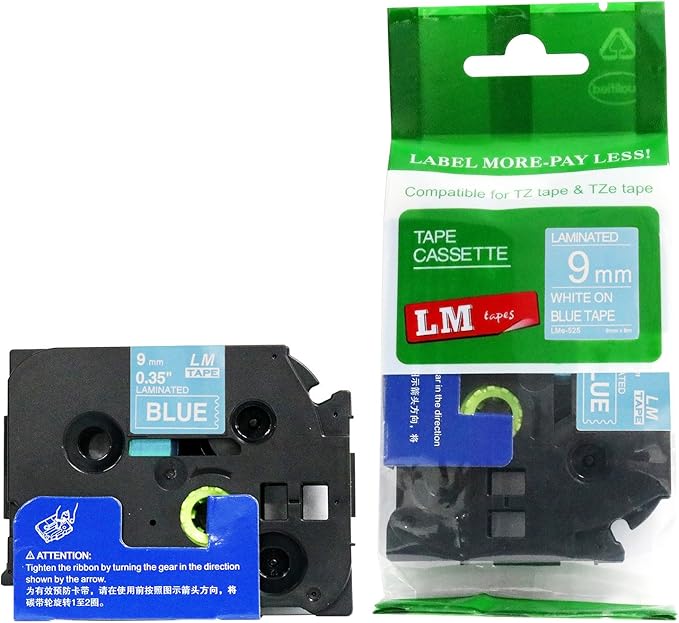 1/Pack LM Tapes - LMe525 Premium 3/8" White Print on Blue Label Compatible with P-Touch TZe-525 Tape and Includes Tape Color/Size Guide. Replaces TZ-525 9mm 0.35 Laminated.