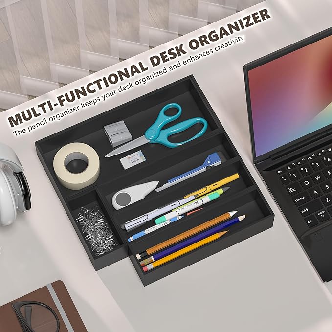 Greatseas Kitchen Drawer Organizer Tray, Stackable Black Bamboo Drawer Organizer for Large Silverware, Utensils, Cutlery, Flatware, Junk, Dresser, Bathroom, 17" x 6" x 2.5" (Set of 2)