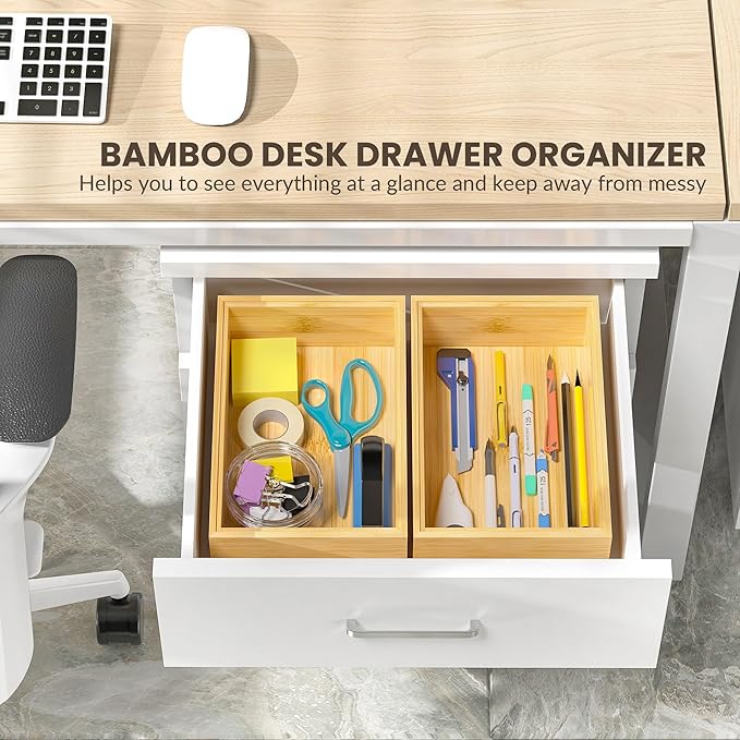 Greatseas Kitchen Drawer Organizer Bins, Stackable Bamboo Drawer Organizer for Silverware, Flatware, Deep Office Desk Drawer Organizer Tray, Desktop Pen, Office Organization 9" x 6" x 2.5" (Set of 2)