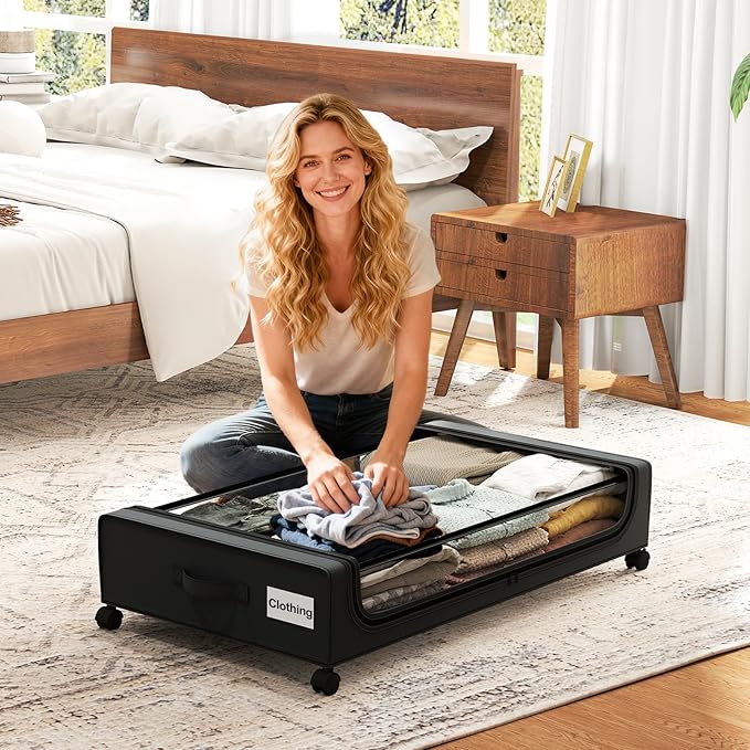 GoMaihe Under Bed Storage with Wheels: XXL Underbed Storage Containers with Clear Lids - Rolling Drawers & Bins for Shoes Clothes in Dorm Bedroom - Space-Saving Easy Pull-out Black 2-Pack