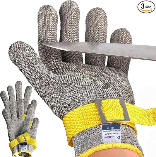 Dowellife ANSI A9 Cut Resistant Glove Food Grade, Stainless Steel Mesh Metal Knife Cutting Glove for Butcher Oyster Shucking Kitchen Mandoline Chef Slicing Fish Fillet(X-Large-3 Pcs)