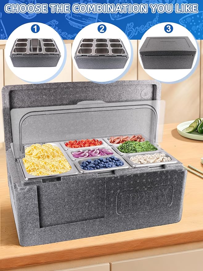 Lanstics Pizza Topping Station 10 Pans Salad Bar Buffet Station Insulated Cold Food Buffet Server with Ice Packs Lids Buffet Containers Set Platter Box for Party Buffet Keeping Food Cold