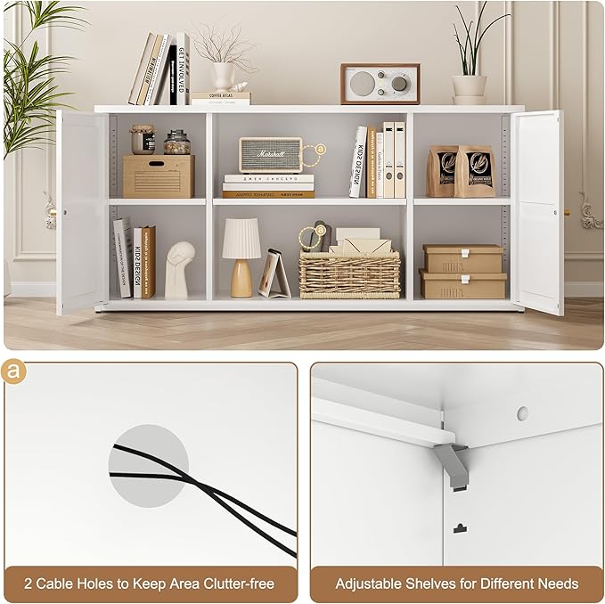 LCAOPC Metal TV Stand for 65 Inch TV, Farmhouse TV Entertainment Center with Storage Cabinets and Adjustable Shelves, Modern Media TV Console Table, TV Cabinet for Living Room, White