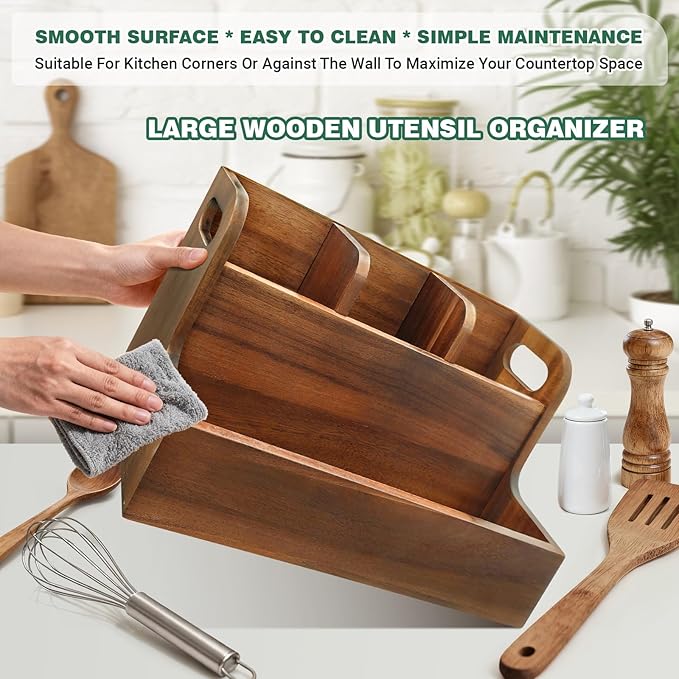 LAGOUPICK Kitchen Utensil Holder for Countertop with 4 Compartments Acacia Large Utensil Holder Wooden Storage for Cooking,Baking,Flatware Tool Kitchen Utensil Organizer
