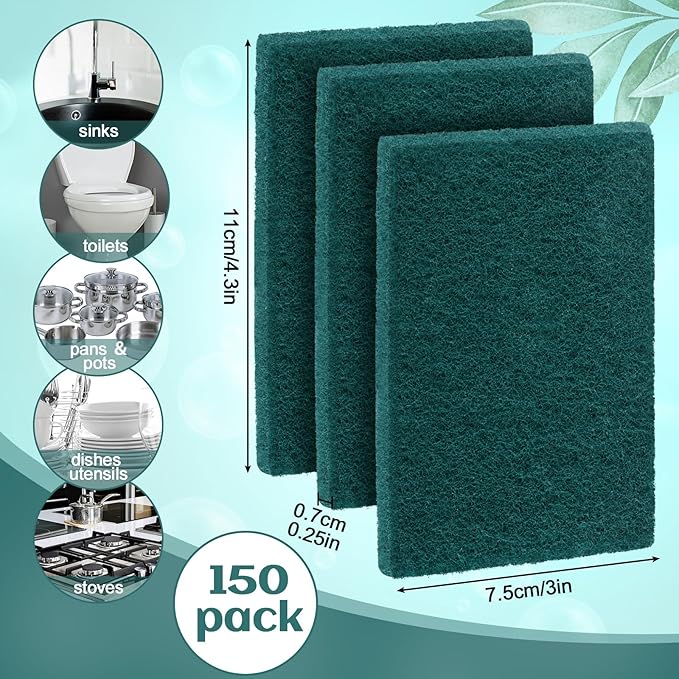 Hoolerry 150 Pcs Heavy Duty Scouring Pads Non Scratch Household Scrub Pads for Cleaning Reusable Pan Scrubber Anti Grease Scrubbing Pads for Dish Kitchen Metal Grills, 4.3 x 3 x 0.3 in (Green)