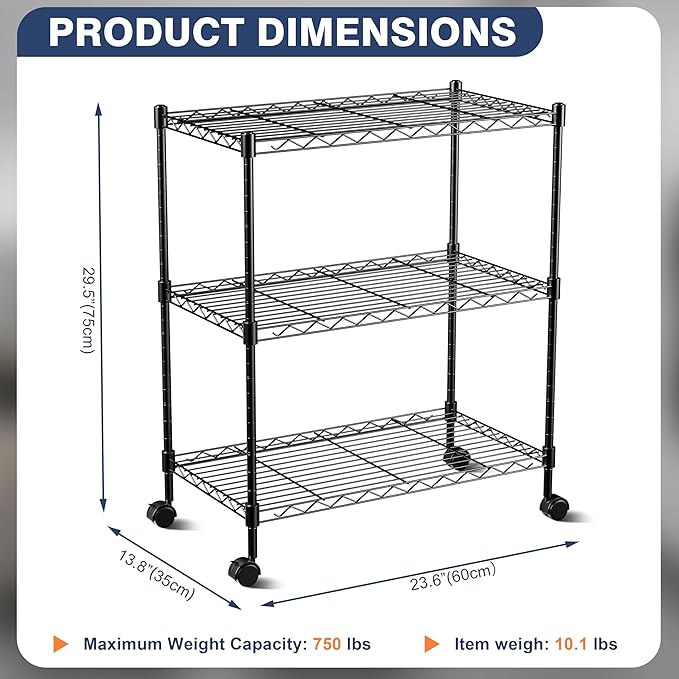 3-Tier Wire Shelf Rack,24" Dx14 Wx 30" H,Wire Metal Shelving with Lockable Wheels,Height Adjustable Storage Standing Shelves for Kitchen,Living Room,Laundry,Office,Pantry,Studio,Black