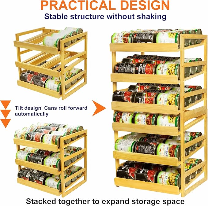 MinBoo Bamboo Can Organizer for Pantry - Stackable Can Rack for 36 Cans, Canned Food Storage, Pantry Shelf, Kitchen Cabinet or Countertop,Large