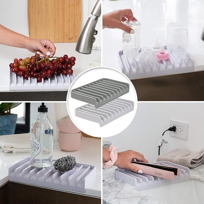 Effilogic Silicone Sponge Holder – Self-Draining Kitchen Sink Organizer, Quick Dry Mat and Counter Protector – Dishwashing Accessories for Sponges, Brushes, and Soap - Large Grey