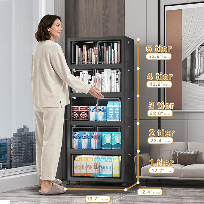 Extra Large Stackable Storage Bins with Lids & Wheels & Door, 260QT-52QT/13GAL*5Pack Foldable Collapsible Closet Organizers, Plastic containers drawers for bedroom Dorm