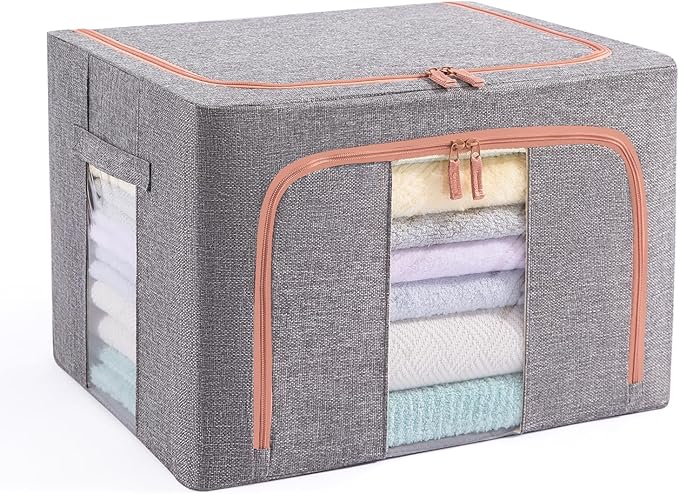 GuliPostan 100L Stackable Clothes Storage Bins with Metal Frame Handles & Zipper, Collapsible Closet Organizer Box with Lid for Bedding Blankets Towel (Grey,1 pack)