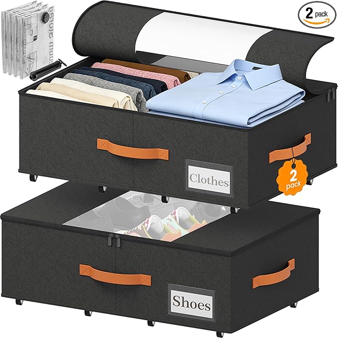 TOSKING Under Bed Storage with Wheels 2 Pack, 4 Vacuum Bags Included, 7.9" Rolling Underbed Bins, Durable Oxford Fabric, 80lbs Heavy Duty Drawer Organizer for Clothes, Shoes, Toys, Black