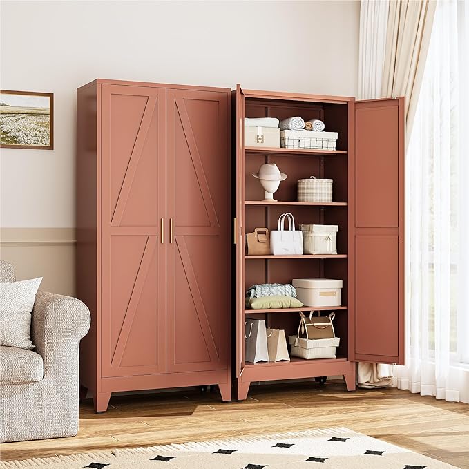 YAUWOH 71''Metal Cabinet with 4 Adjustable Shelves,5-Tier Pantry Storage Cabinet,Kitchen Pantry Cabinet for Living Room,Dining Room, Antique Copper
