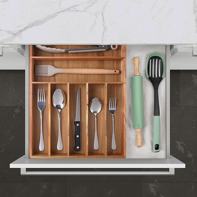 Oridom Kitchen Acacia Silverware Organizer - Extra Deep Grooved Drawer Divider, 7 Slot Utensil Organizer