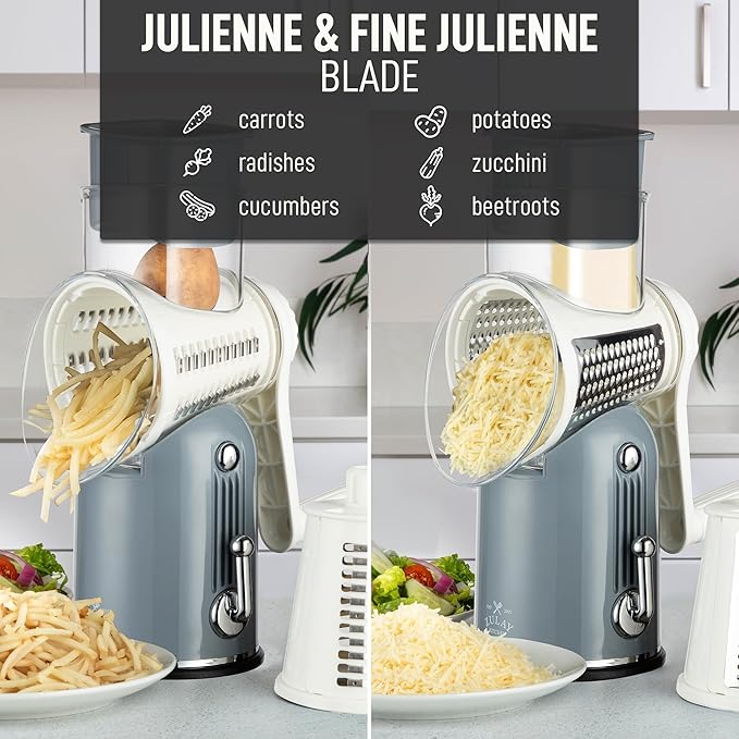 Zulay Kitchen Rotary Cheese Grater 5 Blade Cheese Shredder - Manual Hand Crank Cheese Grater With Reinforced Suction & 5 Interchangeable Drums - Easy to Use, Vegetable Chopper Round Mandoline Slicer