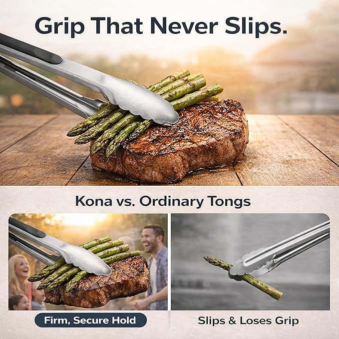 Kona Premium Stainless-Steel Locking Grill Tongs 18 inch, Sturdy, Heavy Duty Tongs - Great for Cooking, Grilling, and Barbecue (BBQ)