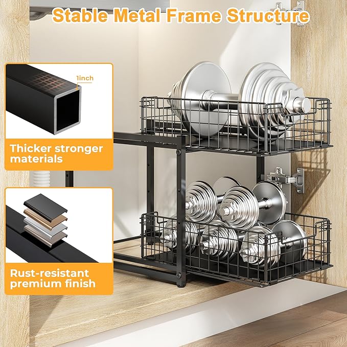 SILUB Under Sink Organizer, 2-Tier Pull Out Cabinet Organizer, Adjustable Height Bathroom Organizer and Storage, Spice Rack for Kitchen, Sliding Drawers Shelves 13.8×11×15.8 Inch (1 Pack)