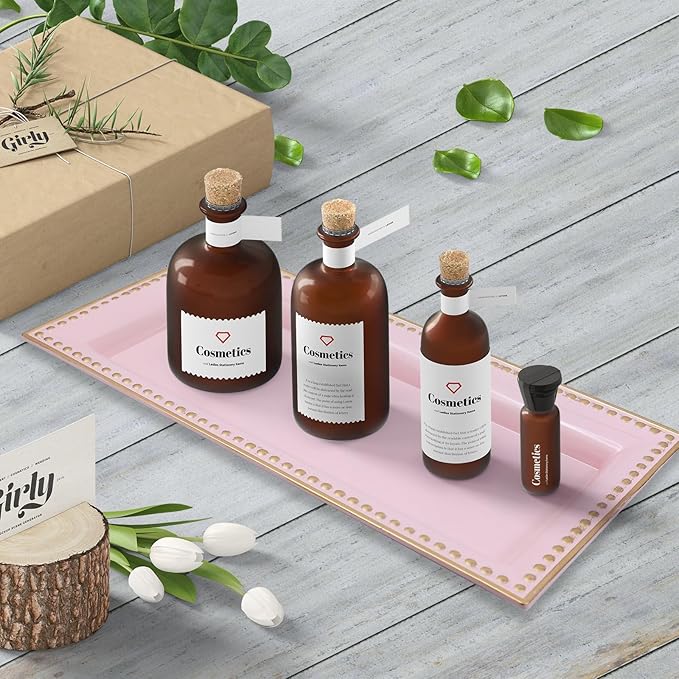 Leemxiiny 2 Pack Pink Bathroom Vanity Tray for Countertop with Beads, Small Plastic Toilet Tank Versatile Storage Organization Tray for Makeup, Perfume, Desk, Kitchen, Candles, 14"x7"x1", 36P