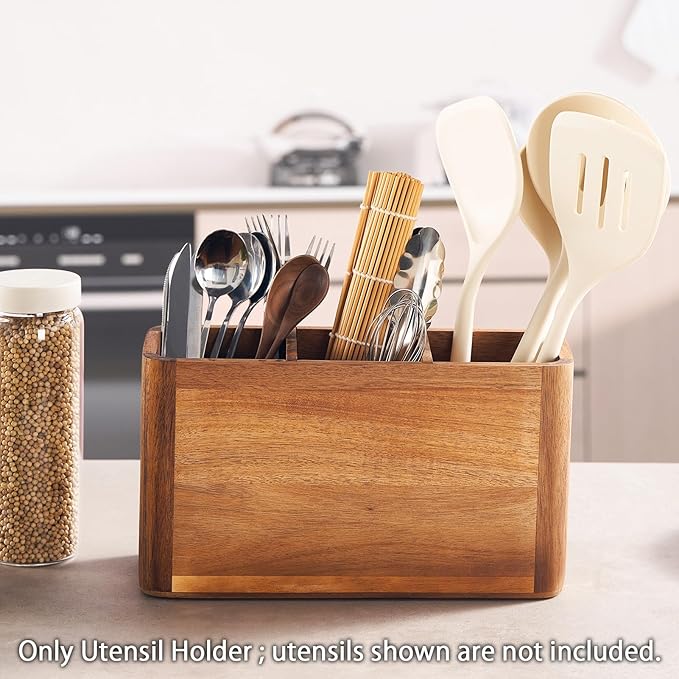 SANOSY 12" Wooden Kitchen Utensil Holder, Extra Large Acacia Wood Organizer for Cooking Tools, Utensils & Cutlery Storage – 3-Compartment Countertop Holder