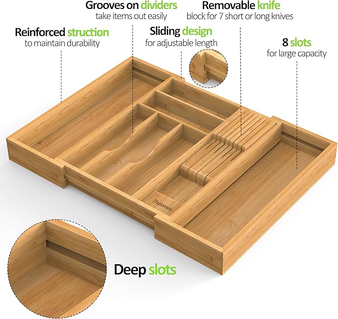 Thalomely Bamboo Kitchen Drawer Organizer, Expandable Silverware Organizer with Removable Knife Block, 6-8 Slots- Utensil Holder & Cutlery Tray Drawer Dividers, 2.36" Deep for Extra Capacity, Natural