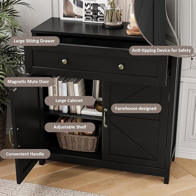 Mino Kesper Buffet Sideboard with 2 Barn Doors,Black Kitchen Cabinet with Adjustable Shelf, Freestanding Floor Storage Cabinet