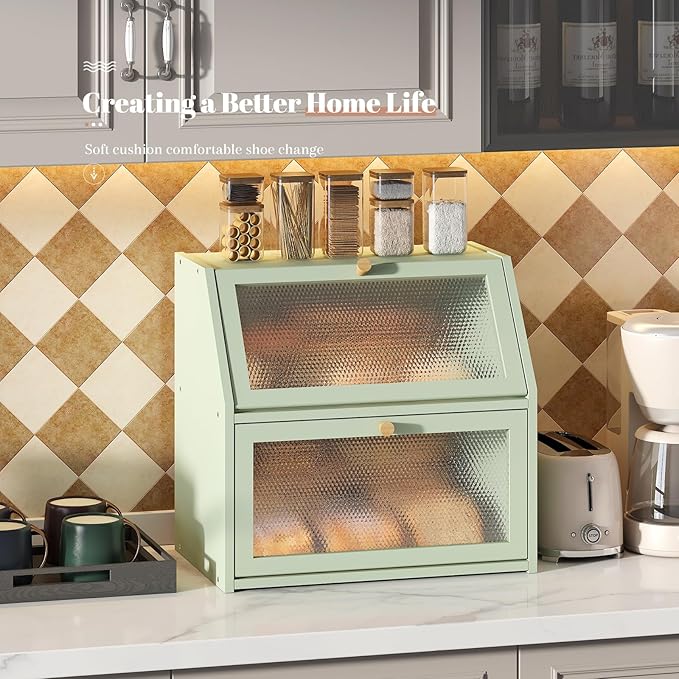 STDDRE Bread Box for Kitchen Countertop Bin Double Layer Bread Box Storage Container Extra Large Capacity Farmhouse with Diamond Pattern Windows (Green, Extra Large)