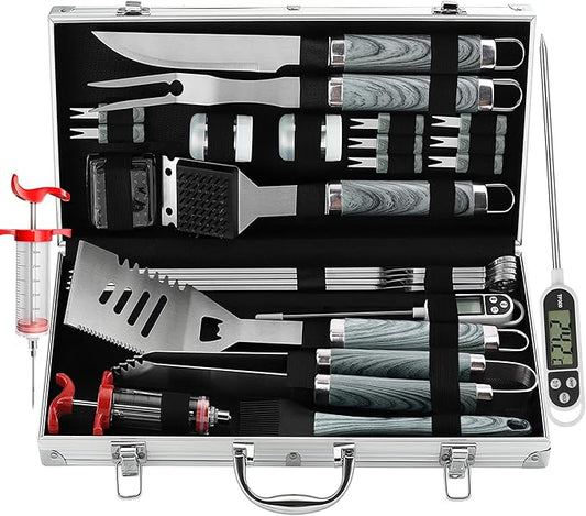 grilljoy 24PCS BBQ Grill Tools Set with Meat Thermometer and Injector - Extra Thick Stainless Steel Fork, Spatula& Tongs - Complete BBQ Accessories in Aluminum Case - Perfect Grill Gifts for Men Grey