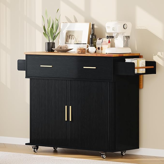 DHH Rolling Kitchen Island with Drop Leaf Countertop&Ample Storage - 39.4" Small Mobile Kitchen Cart On Wheels with Sliding Door,Drawers,Spice Rack & 2-Tier Storage (Black)