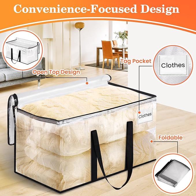 Extra Large Heavy Duty Moving Bags, Storage Bags with Strong Zippers & Handles, Packing Bags for Moving Essentials, Ideal Storage Tote for Home, Dorm & Storage Solutions, 93L, 6 Packs, Clear