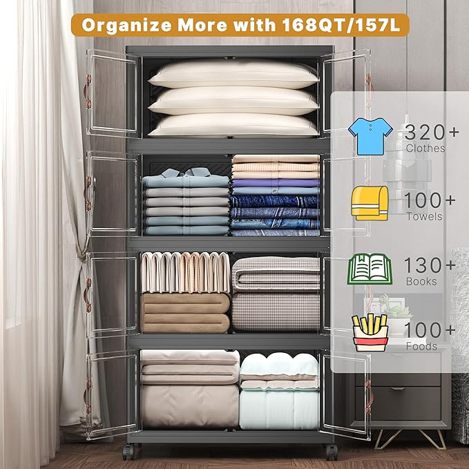 Extra Large Stackable Storage Bins with Lids & Wheels, 1344QT-168QT/42GAL*8Pack Foldable Collapsible Closet Organizers Dark Storage Cabinet with Doors for Bedroom Dorm
